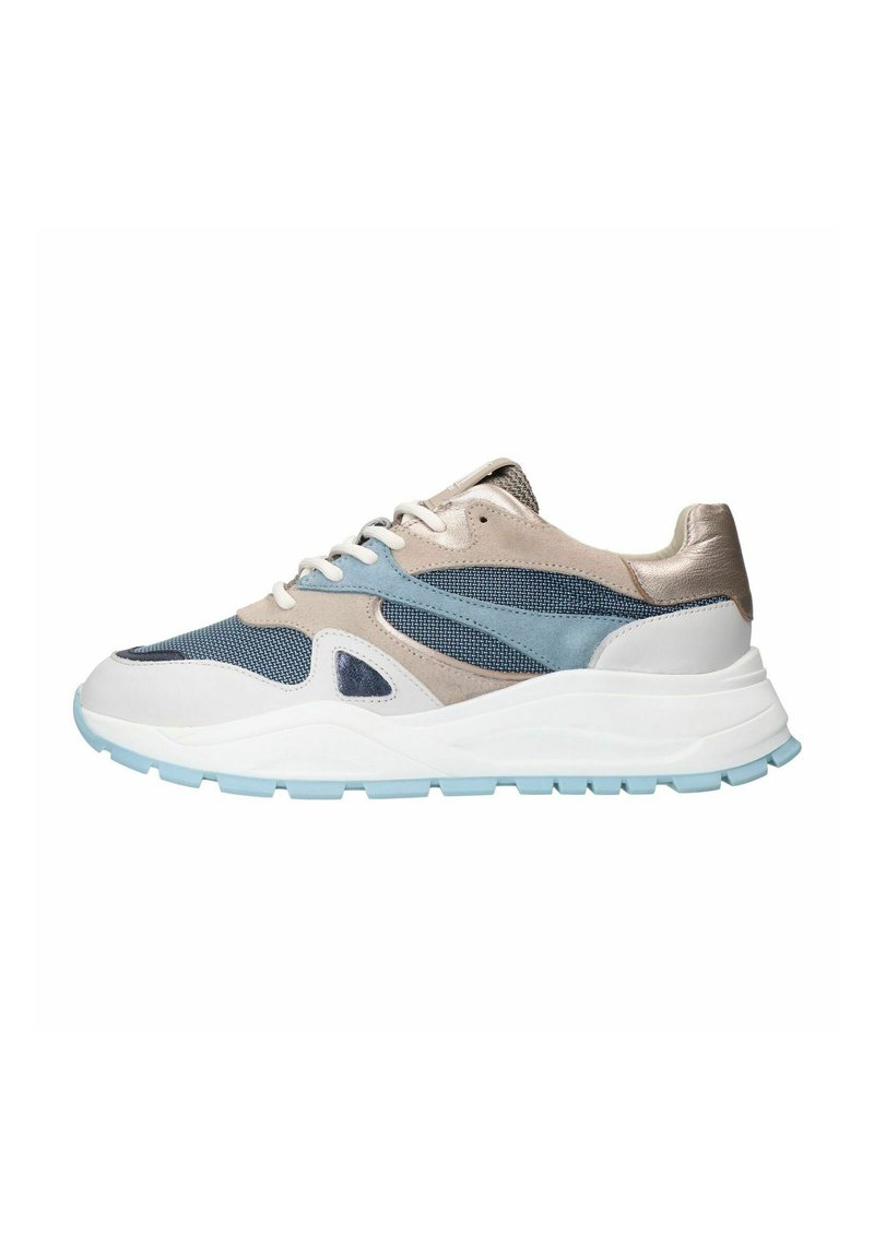 Sneakers featuring a mix of blue mesh, suede, and metallic accents, with a white and light blue rubber sole and a rounded toe design.