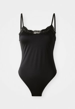 Melnā bezpiedurkņu bodijs ar mežģīņu apdari ap kaklu un plānām regulējamām plecu siksnām.