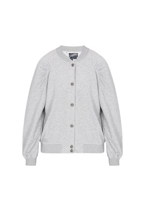 Gray cardigan made of soft fabric, featuring a round neckline, button front, and long puff sleeves with ribbed cuffs and hem.