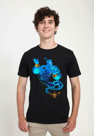 Black t-shirt featuring a blue cartoon genie design with gold accents, swirling smoke, and an ornate lamp at the bottom.
