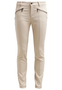 Pantalon beige coupe slim avec coutures verticales à l'avant, deux poches diagonales zippées, fermeture par bouton et passants pour ceinture.