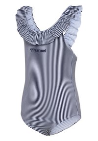 Randig enhelad baddräkt med volangkrage, utan ärmar och i marinblå och vita färger med logotypdetalj.