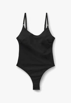 Sort heldragt med tynde, justerbare skulderstropper og højtskåret ben på hvid baggrund.