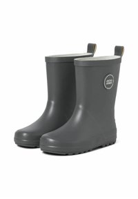 Bottes de pluie en caoutchouc gris avec une bordure texturée grise en haut, présentant un logo rond sur le côté extérieur et une semelle plate à motif.