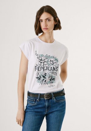 T-shirt blanc en coton à manches courtes, avec un imprimé graphique floral et le texte « PEPE JEANS LONDON » en noir et vert.