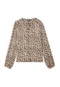 Blusa a maniche lunghe con motivo floreale in tessuto morbido, con scollo rotondo, chiusura a bottoni sul davanti e maniche plissettate con polsini elasticizzati.