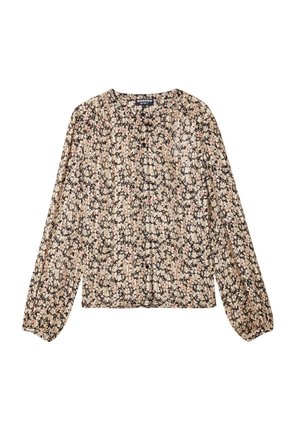 Blusa a maniche lunghe con motivo floreale in tessuto morbido, con scollo rotondo, chiusura a bottoni sul davanti e maniche plissettate con polsini elasticizzati.