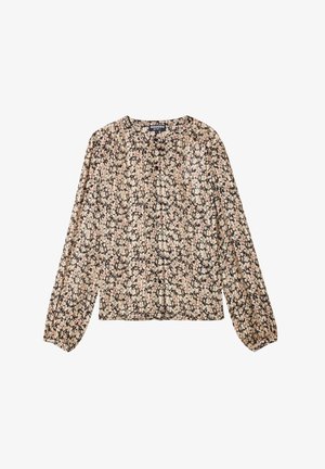 Blusa a maniche lunghe con motivo floreale in tessuto morbido, con scollo rotondo, chiusura a bottoni sul davanti e maniche plissettate con polsini elasticizzati.