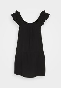 Vestido negro sin mangas con detalles de volantes en los hombros, escote redondo y textura fruncida. Silueta fluida, de longitud hasta la rodilla y con un ajuste relajado.