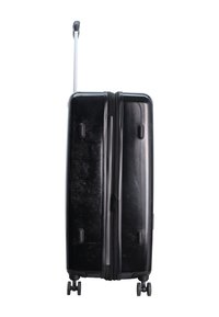 Schwarzer Hartschalenkoffer mit einem Teleskopgriff, Reißverschluss und vier Rädern für Mobilität. Bietet eine glatte Textur und einen dezenten Glanz.