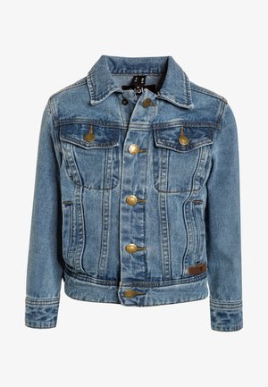 Hellblaue Jeansjacke mit Knopfleiste, zwei Brusttaschen mit Knöpfen und Kragen, entworfen für Kinder im Alter von 6 Jahren.