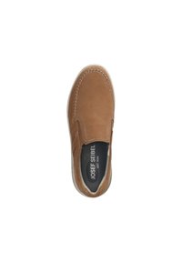 Brown leather slip-on shoe with a rounded toe, contrasting stitching, padded insole, and rubber sole. Branding visible on insole.