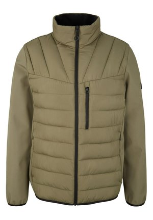 Veste matelassée vert olive avec fermeture éclair noire, col haut, poche poitrine zippée et manches longues avec poignets élastiques.