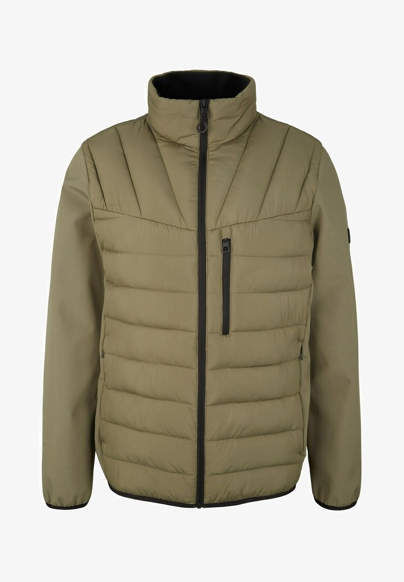 Veste matelassée vert olive avec fermeture éclair noire, col haut, poche poitrine zippée et manches longues avec poignets élastiques.