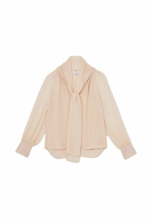 Vaaleanpunainen paita, joka on valmistettu kevyestä kankaasta. Siinä on pitkät hihat, solmittava kaulus ja k gathered-tyyliset yksityiskohdat hartioissa.