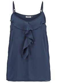 Granatowa kamizelka na szelkach wykonana z lekkiego materiału, z falbaną z przodu i prostym dołem. Rozmiar 36.