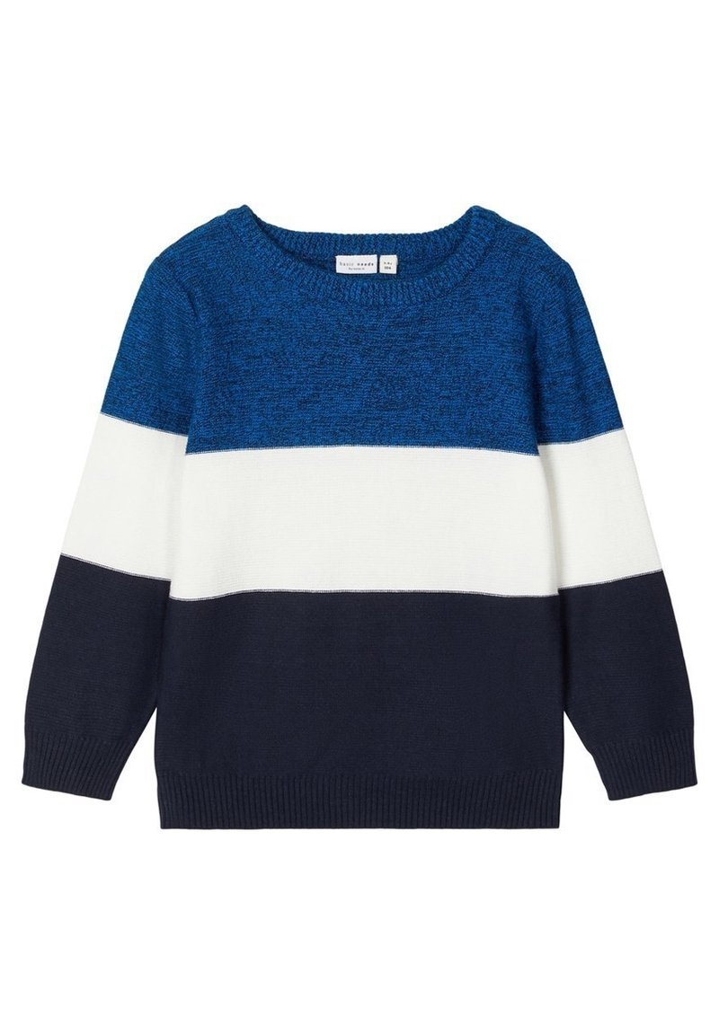 Pull en maille à manches longues avec larges rayures horizontales bleu, blanc et bleu marine foncé, doté d'un col rond et de poignets et ourlet côtelés.