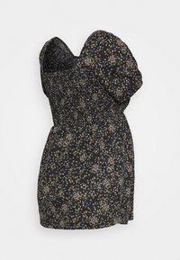 Vestido mini preto com padrão floral, mangas bufantes, corpete franzido e um padrão de pequenas flores multicoloridas por toda a peça. Tecido leve com uma textura suave.