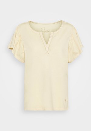 Short-sleeve pale yellow T-shirt with a V-neck, subtle stitching detail, and ruffled sleeves made from soft cotton blend fabric.