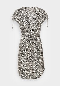 Abito floreale bianco e nero con scollatura a V, maniche corte e vita legata. Tessuto leggero con vestibilità rilassata e orlo arricciato.