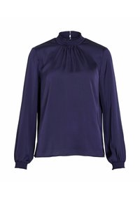 Marineblå bluse i glatt stoff, med høy rynket krage og lange ermer med rynkede mansjetter. Rett snitt med løs passform.