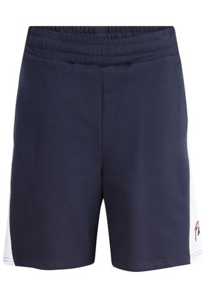 Shorts sportivi blu navy con fascia elastica in vita, con pannelli laterali bianchi e un logo accento sul lato destro in basso.