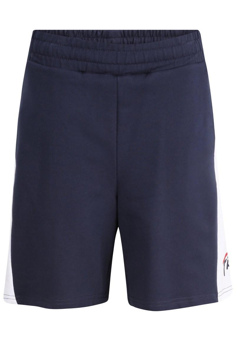 Shorts sportivi blu navy con fascia elastica in vita, con pannelli laterali bianchi e un logo accento sul lato destro in basso.