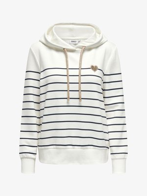 Bela jopa s kapuco z mornarsko modrimi vodoravnimi črtami, z vrvico z metalnimi dodatki in majhnim zlatim vezenim srcem na prsih.