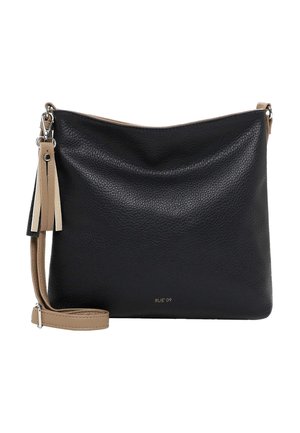 Black textured leather crossbody bag with beige adjustable strap and tassel detail, small "RUE 09" logo near bottom center.