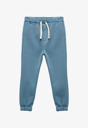 Blaue Baumwoll-Sweatpants mit einem elastischen Bund und einer cremefarbenen Kordel. Gekrempelte Säume und eine weiche Textur erhöhen den Komfort.