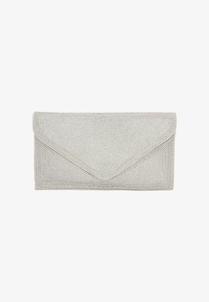 Silberne Clutch mit einer strukturierten Oberfläche aus kleinen, glänzenden Perlen. Verfügt über eine Umschlagform und einen dreieckigen Klappverschluss.