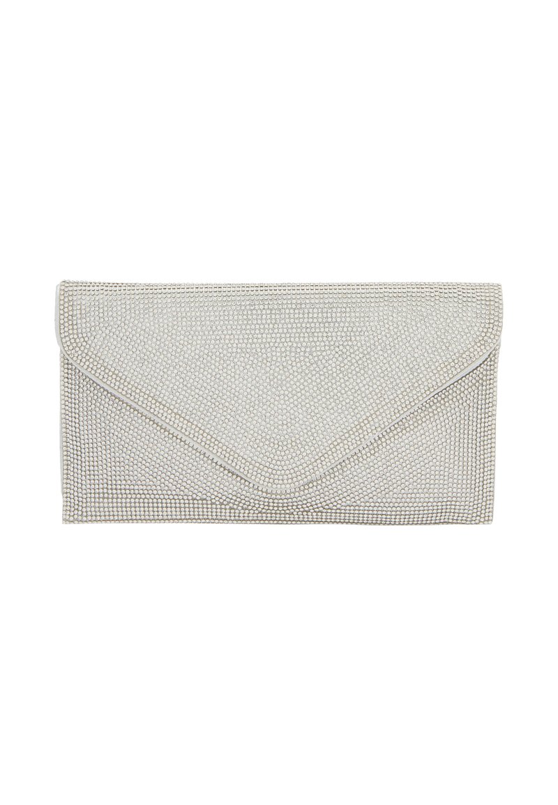 Ezüst színű clutch táska, amely apró, fényes gyöngyökkel texturált felületű. Levelező formájú, és háromszögletű zárófülével rendelkezik.
