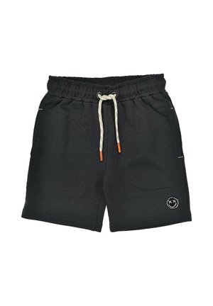 Schwarze Shorts mit elastischem Bund, weißem Kordelzug und kleinem, aufgesticktem Smiley-Logo am Saum des linken Beins.