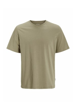 Krátký rukáv, tričko s kulatým výstřihem v olivově zelené barvě, vyrobené z měkké bavlny s volným střihem. Má jednoduchý design bez viditelných vzorů.