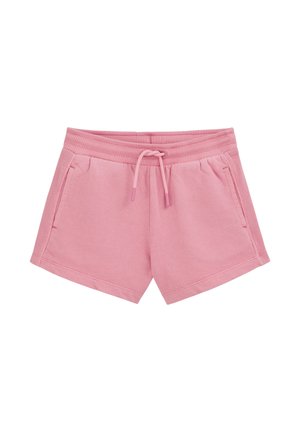 Rožinės medvilninės šortai su elastine juosmens juosta, raišteliu, šoninėmis kišenėmis ir briaunuotomis detalėmis šoninėse siūlėse.