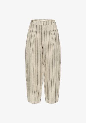 Lanene hlače z navpičnimi črnimi črtami na svetlo bež ozadju, z širokimi nogavicami in nagubanimi sprednjimi deli za sproščen fit.