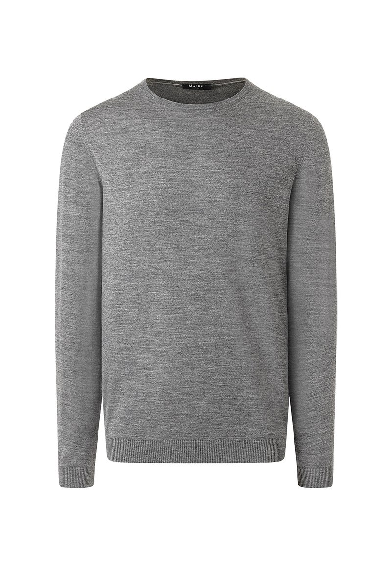 Šedý pletený svetr s dlouhými rukávy, kulatým výstřihem a žebrovaným lemem. Vyrobený z měkkého materiálu s jemnou texturou.