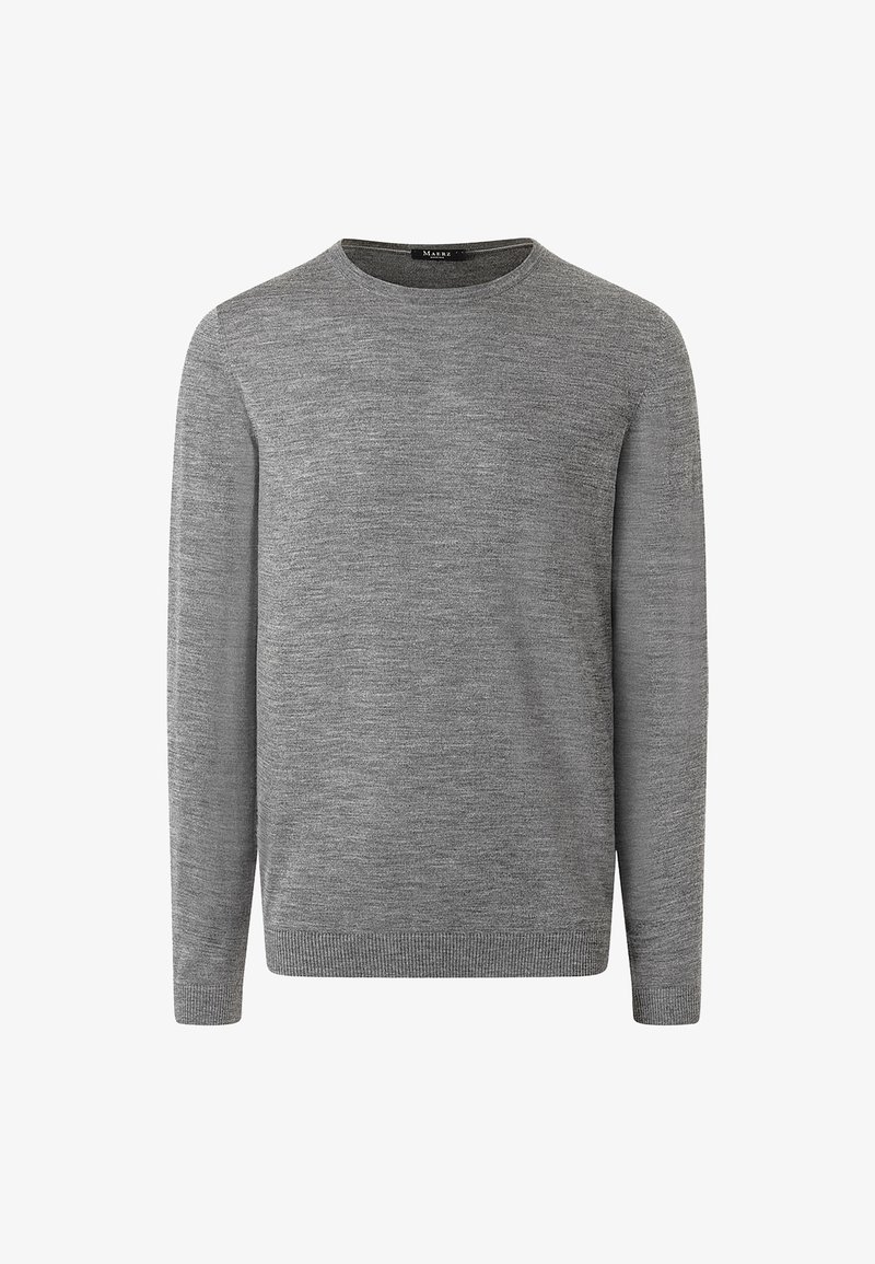 Šedý pletený svetr s dlouhými rukávy, kulatým výstřihem a žebrovaným lemem. Vyrobený z měkkého materiálu s jemnou texturou.