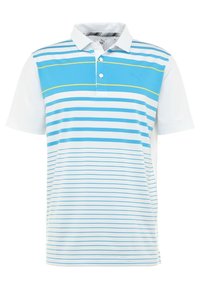 Polo blanc avec des rayures horizontales bleues et jaunes, deux boutons sur le col, manches courtes, et logo Puma sur la poitrine.