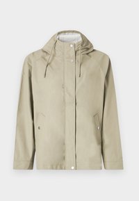 Veste imperméable beige clair avec capuche, boutons-pression, deux poches avant et cordons de serrage réglables. Texture lisse, design minimaliste.