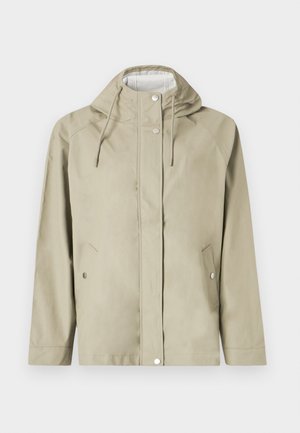 Gaišbeige ūdensnecaurlaidīga jaka ar kapuci, spiedpogu aizdare, divas priekšējās kabatas un regulējamas sasiešanas auklas. Gluda tekstūra, minimālisma dizains.