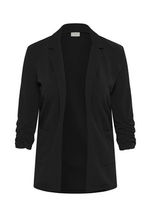 Must avatud esikattega bleiser kortsuliste kolmeveerandvarrukate ja esipäästuga taskutega, krae reviisidega, vaba aja stiilis.