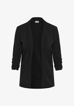 Zwarte open blazer met geplooide driekwartmouwen en voorzakken, kraag met revers, in een casual stijl.
