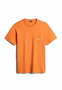 T-shirt in cotone arancione con collo rotondo, maniche corte e taschino sul lato sinistro con etichetta. Tessuto morbido e vestibilità comoda.