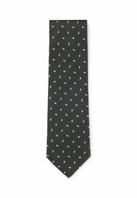 Dunkelgrüne Krawatte mit wiederholendem kleinem weißem Paisley-Muster, flach auf einem weißen Hintergrund liegend.