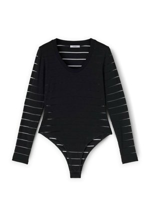 Bodysuit noir à manches longues, doté de rayures blanches horizontales, d'un décolleté en V profond et d'une coupe ajustée. Fabriqué en tissu élastique.