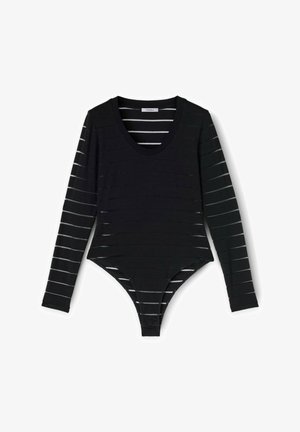 Bodysuit noir à manches longues, doté de rayures blanches horizontales, d'un décolleté en V profond et d'une coupe ajustée. Fabriqué en tissu élastique.