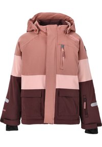 Veste isolante dans des tons de rose et de bordeaux, dotée d'une capuche, d'une poche poitrine zippée, de deux grandes poches avant et de détails réfléchissants.