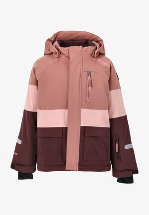 Veste d'hiver bicolore en nuances de rose et de bordeaux. Comprend une poche poitrine zippée, deux poches avant et des poignets ajustables. Tissu texturé.