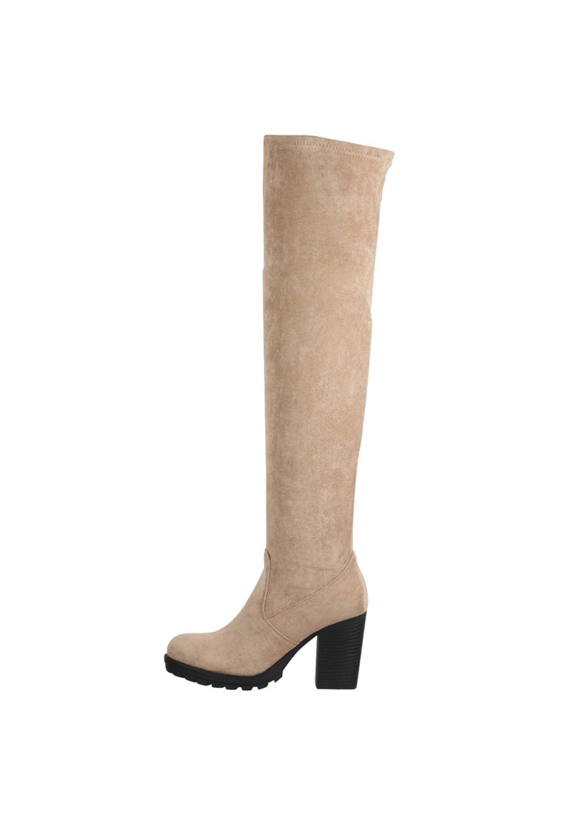 Suedes over-the-knee støvler i lys beige, med en tekstureret overflade, sort blokhæl og en rund tå med subtile syninger.